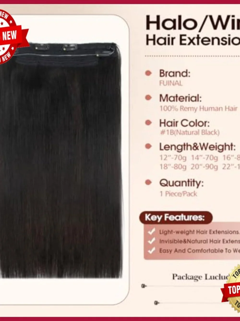 18in Real Human Hair Halo Extensions, Invisible Wire, 4 Clips, Adjustable